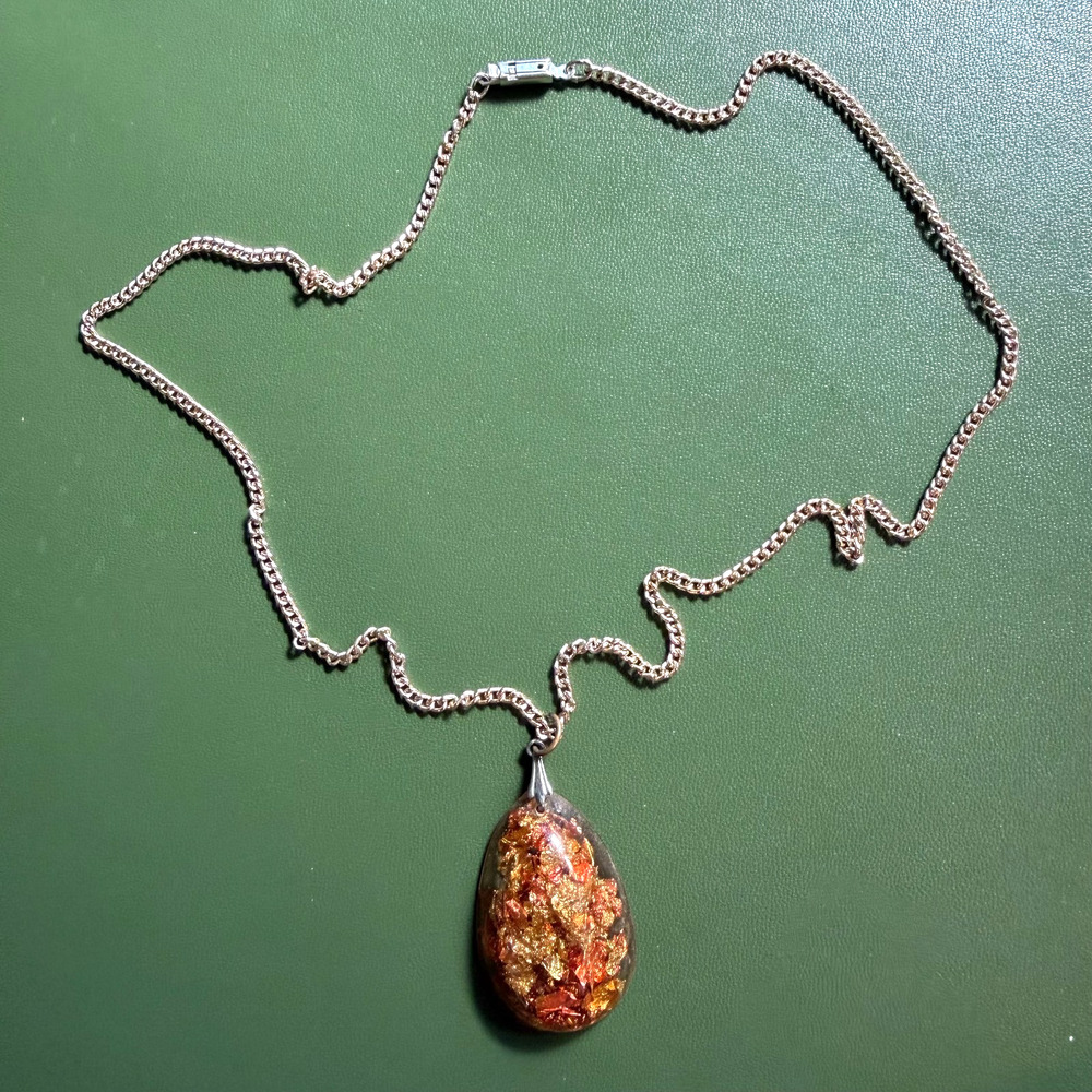 Vintage Germany Foil Art Glass Pendant Necklace Gold Red Teardrop Resin 18”